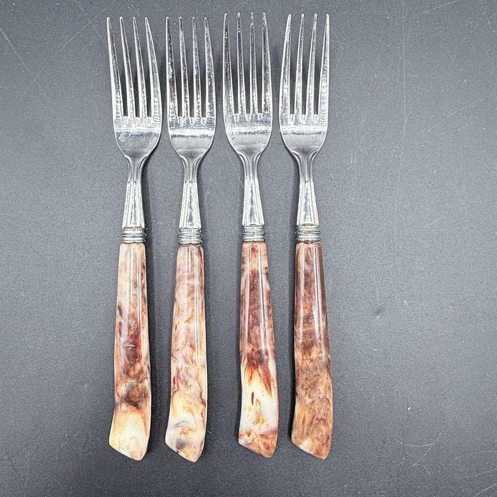 Vintage MB Hollow Ground Galaxie Stainless Forks Set 4 Japan MCM Bakelite Handle